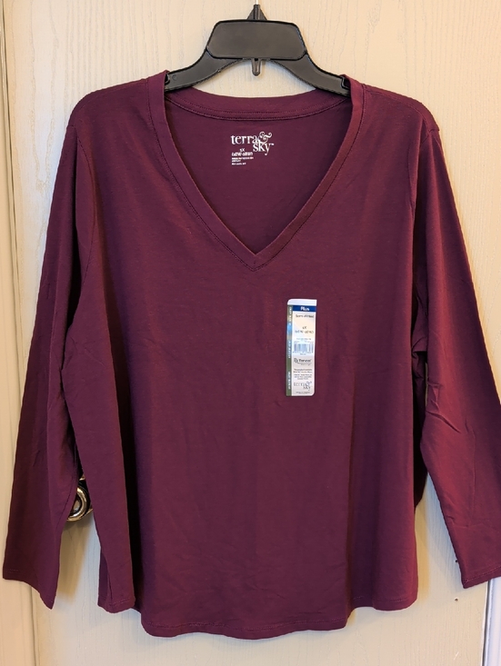 Terra & Sky Tops - Terra & Sky Plum V-Neck Long Sleeve Top 1X NWT Plus Size Soft Stretch Casual